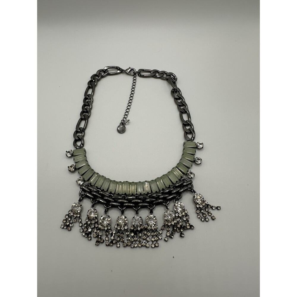 Olivia Welles Victoria Style Chain Bib Necklace Green And Clear Crystals 16”